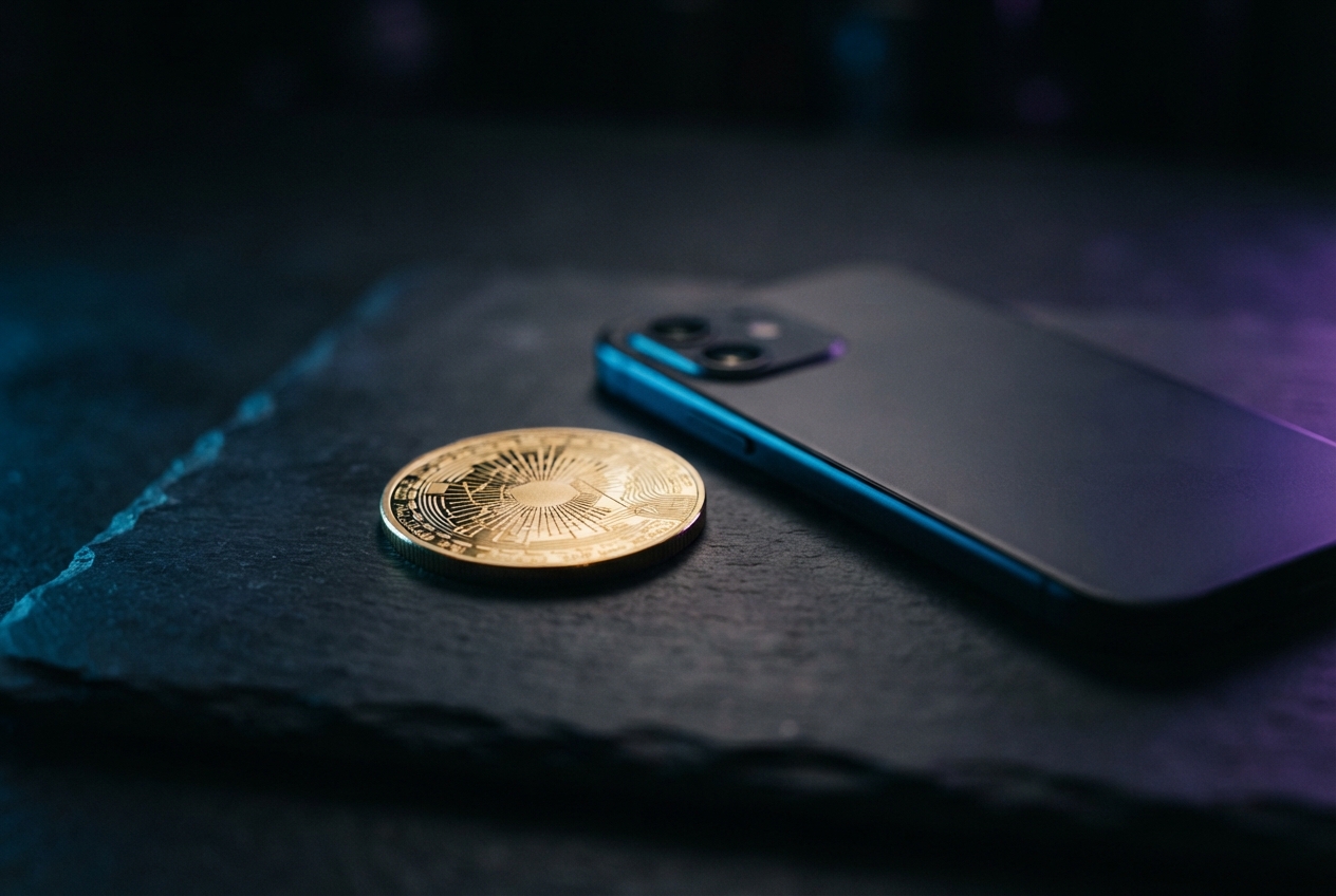 Gold engraved coin and dark smartphone on a slate surface under blue and purple lighting.