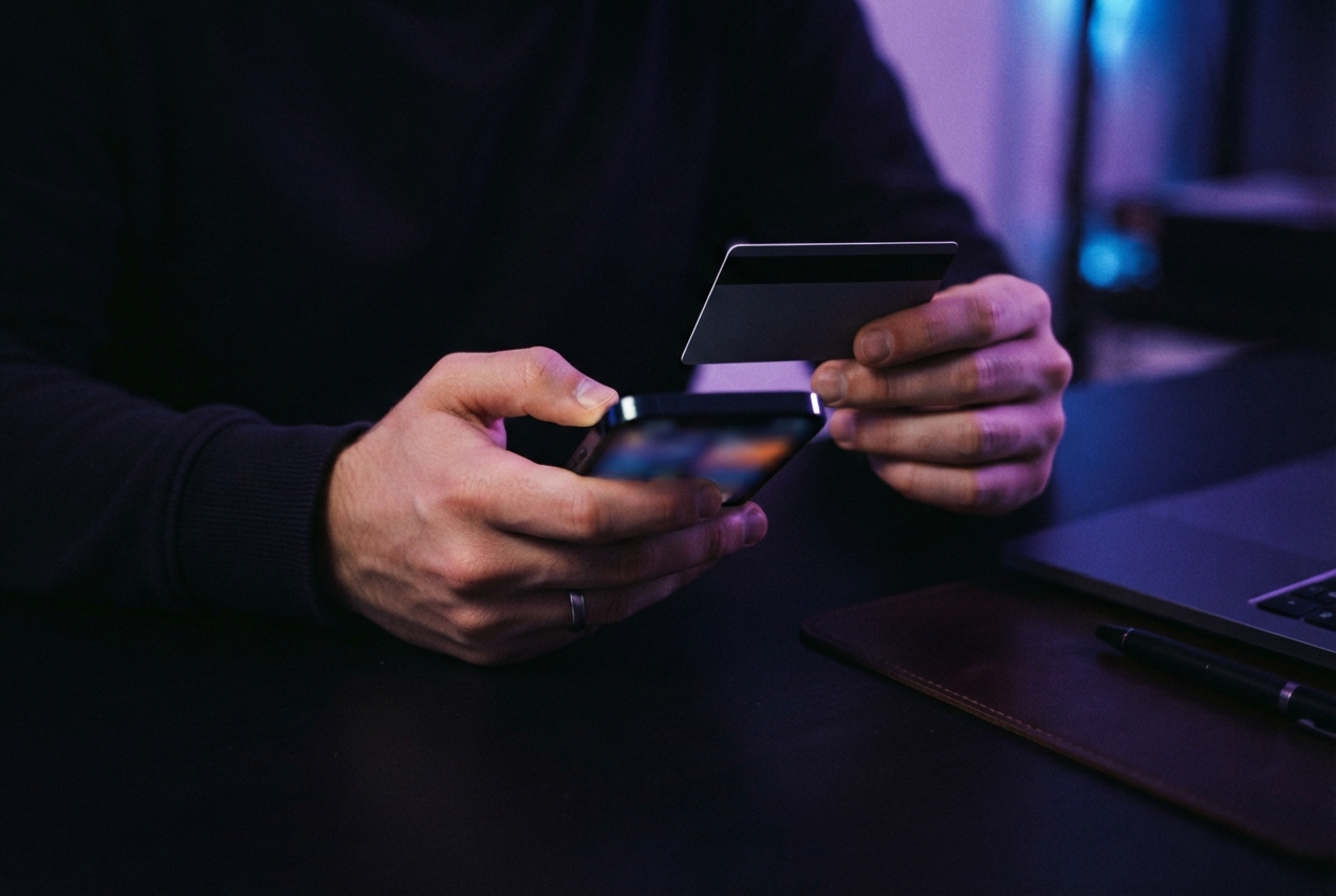Person holds a smartphone and dark card over a desk beside a laptop, notebook, and pen in purple-blue light.