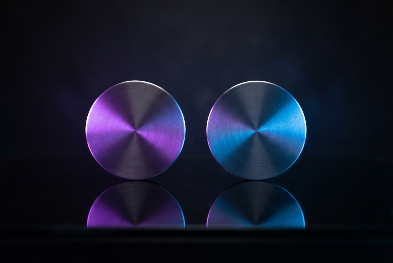Two upright brushed-metal discs glow purple and blue above their reflections on a dark glossy surface.