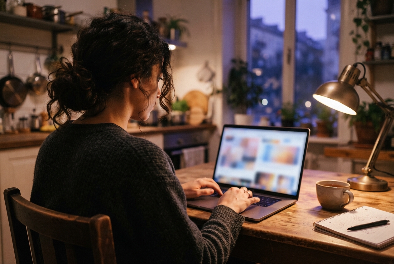 Woman in a dark sweater works on a laptop at a warmly lit kitchen table beside a lamp, coffee, and notebook.
