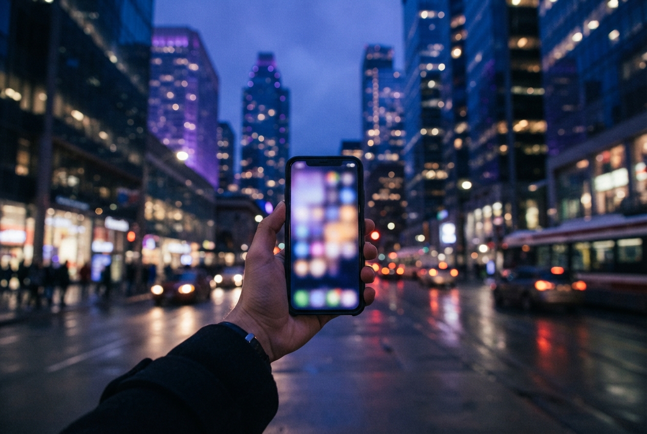 Hand holding a blurred smartphone on a wet, illuminated downtown street at night.
