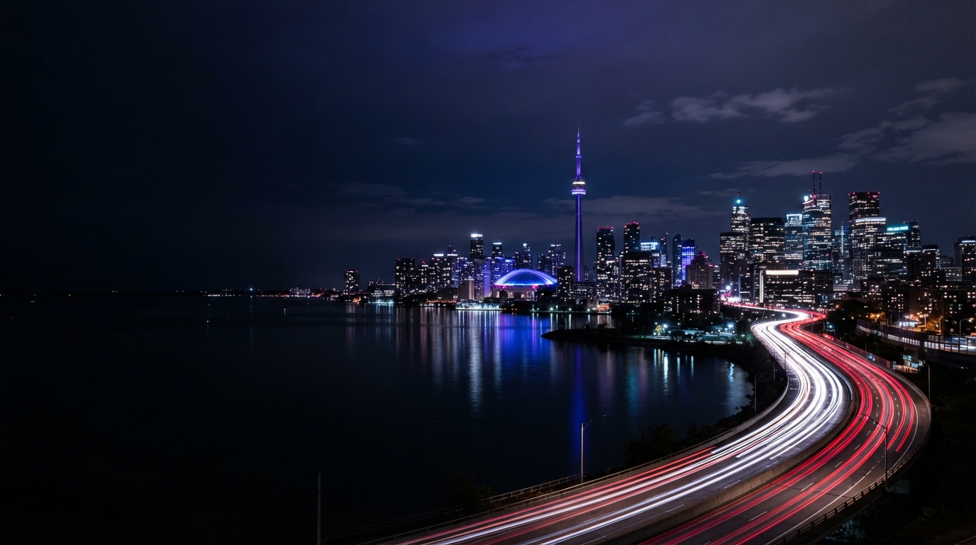 Toronto skyline at night with the CN Tower, waterfront reflections, and curving highway light trails.