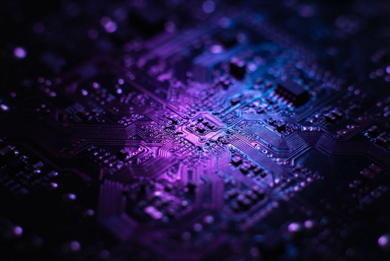 Macro view of a circuit board with glowing purple and blue traces, chips, and blurred electronic components.