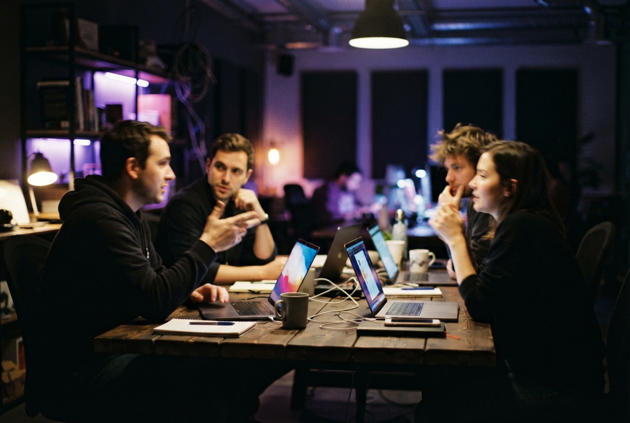 Four adults collaborate around a wooden table with laptops in a dim purple-lit workspace.